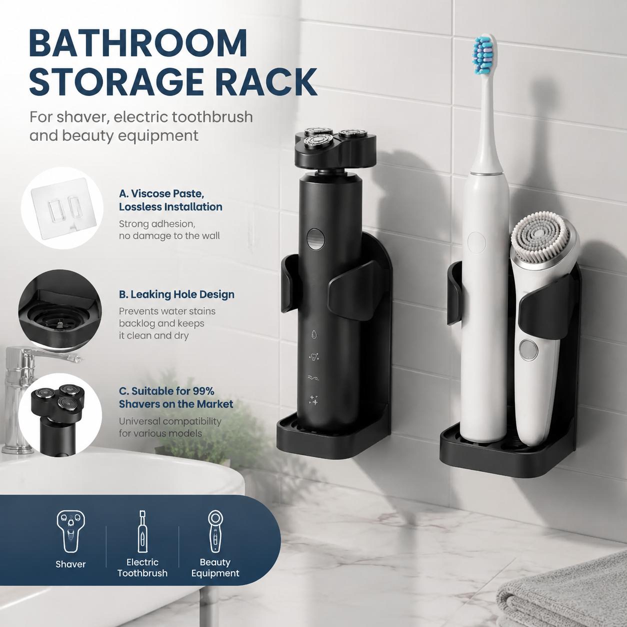 Home Essentials Bathroom Organizer - Selbstklebender, bohrfreier, wasserdichter Zahnbürstenhalter zur Wandmontage,