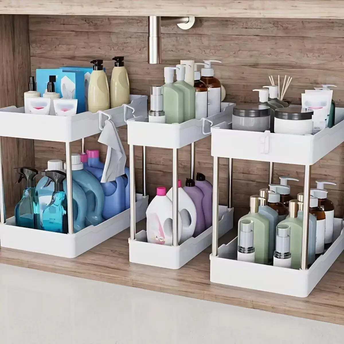 Home Bathroom Cleaning - 3-teiliges Set Unterschrank-Organizer 2-stöckiges Aufbewahrungsregal Küchenschrank-Regal