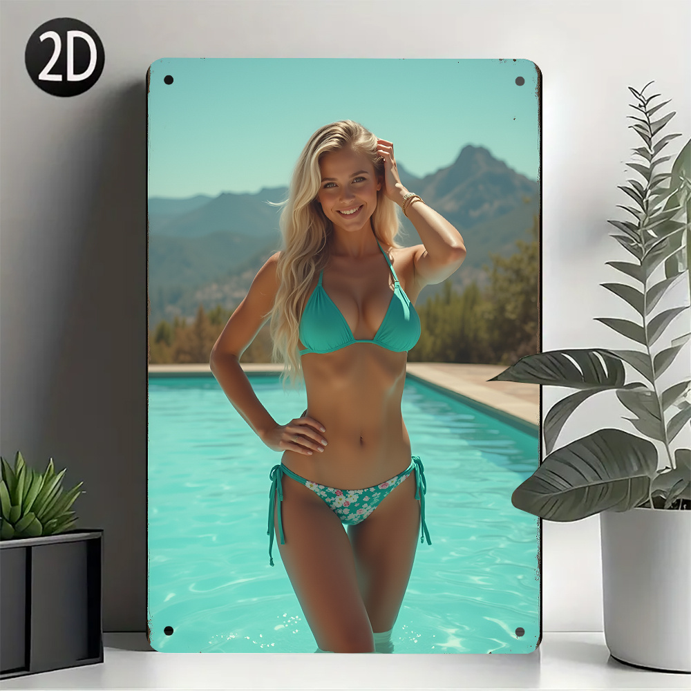 Home Bathroom Wall Art - 2D Flaches Retro-Metallschild – Türkisfarbenes Bikini-Pinup-Design