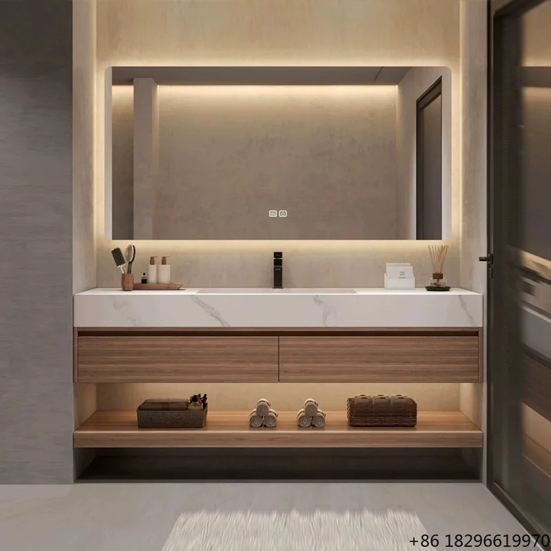 Home Bathroom Vanity - Modernes Intelligentes Badezimmerschrank-Set mit LED-Touch-Spiegel, Keramikwaschbecken,