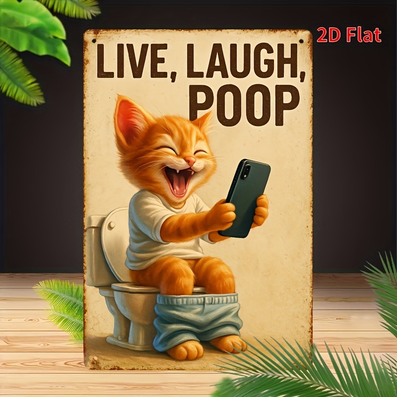 Home Bathroom Wall Art - Lustige Katze auf Toilette, Metall-Wandkunst –