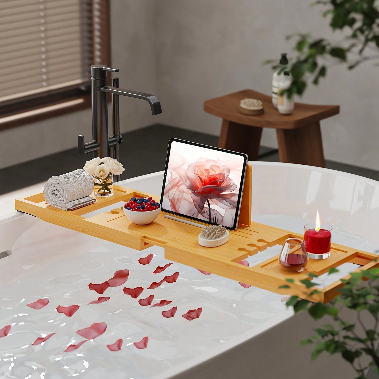 Home Essentials Bathroom Organizer - Badezimmer-Organizer aus Bambus, ausziehbar, für Tablet,