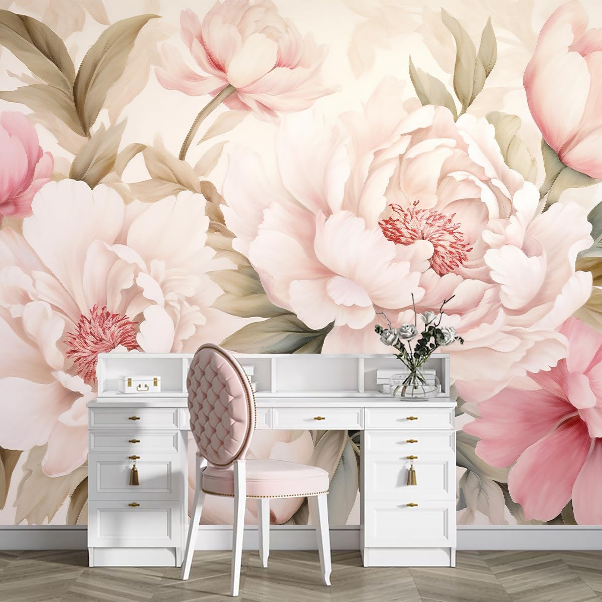 Home Bathroom Vanity - Elegante Pfingstrosen-Blumen-Wandtapete Schminktisch-Set für Romantische Schlafzimmer-